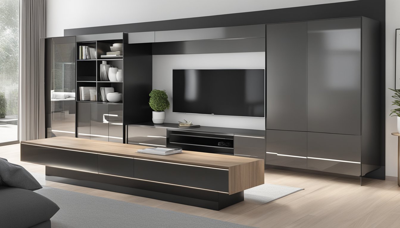 A sleek, minimalist TV cabinet with clean lines and a glossy finish. The cabinet features hidden storage compartments and adjustable shelving for a modern, organized look