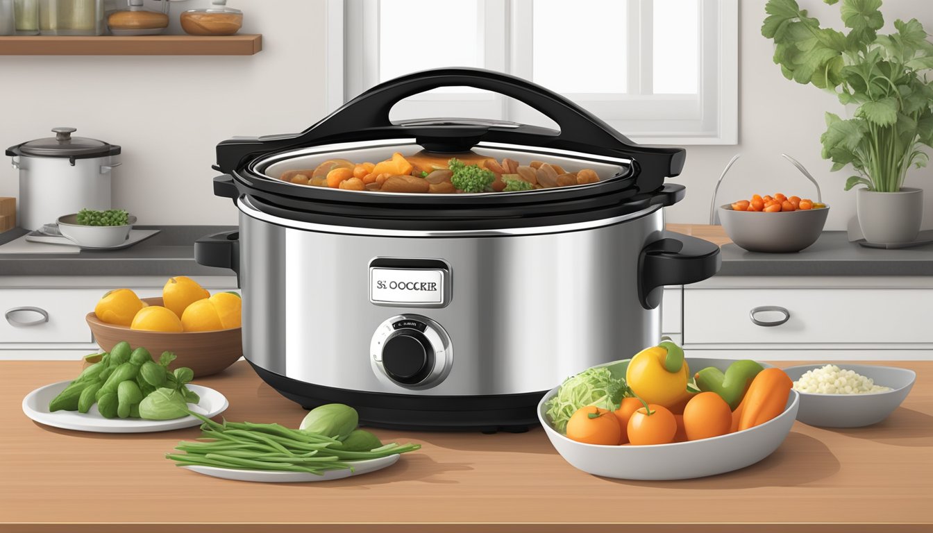 A sleek, modern slow cooker sits on a clean kitchen countertop, surrounded by fresh ingredients and recipe books. Its digital display glows softly, indicating the perfect temperature for a delicious meal