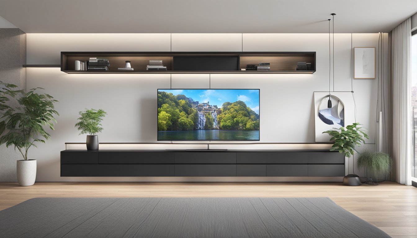 A sleek, minimalist TV cabinet with open shelving and hidden storage compartments. Clean lines and modern design