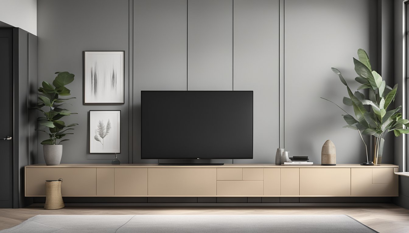 A sleek, minimalist TV cabinet with clean lines and integrated storage compartments. The cabinet is mounted on the wall, creating a floating effect