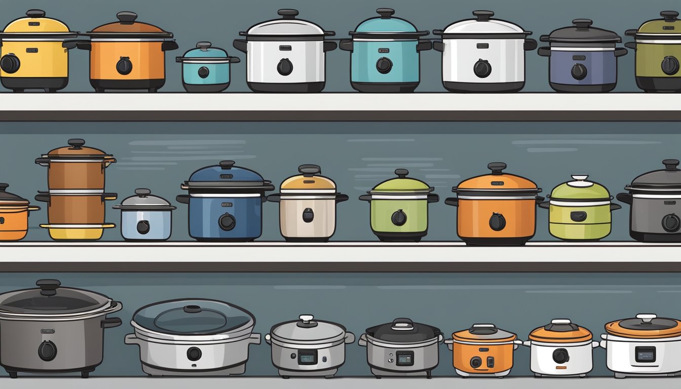 A variety of slow cookers lined up on shelves, each with different features and designs. Labels highlight the top brands, showcasing their quality and reliability