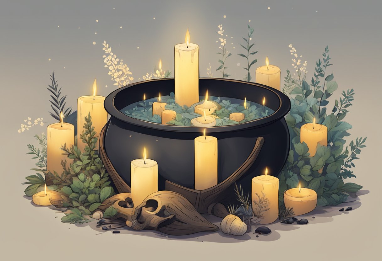 A circle of candles surrounded by scattered herbs and bones, with a cauldron in the center emitting an eerie glow