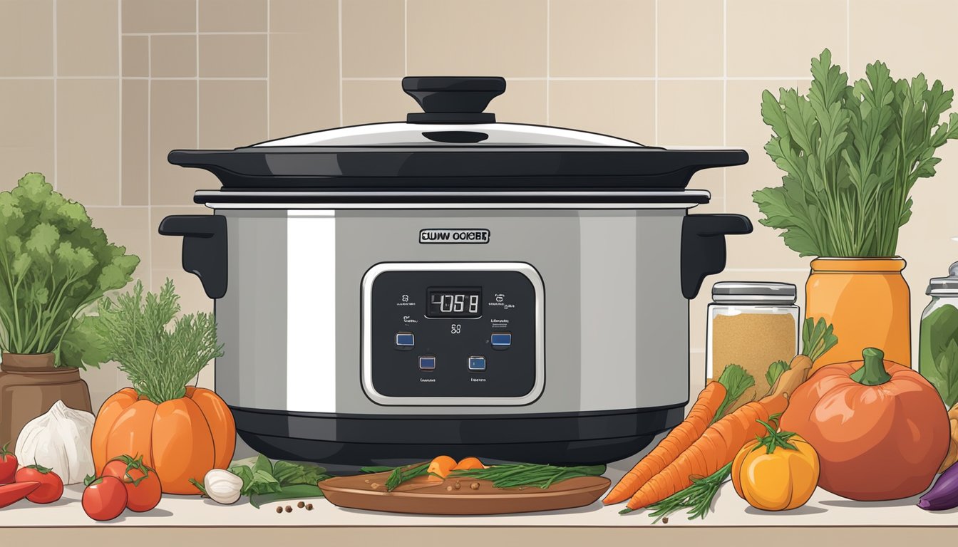 A slow cooker sits on a kitchen counter surrounded by fresh ingredients and spices, emitting a warm, inviting aroma