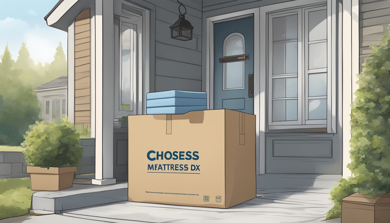 A mattress in a box sits on a doorstep, ready to be unboxed. The box is labeled "Choosing the Right Mattress in a Box."