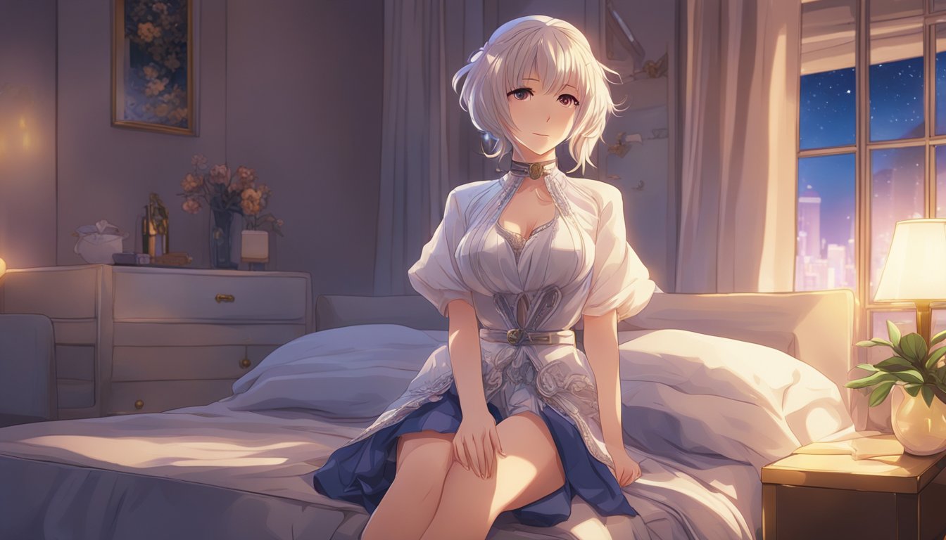 A sex doll sits in a bedroom, surrounded by soft lighting and luxurious fabrics. It exudes an air of sensuality, waiting to be embraced and explored