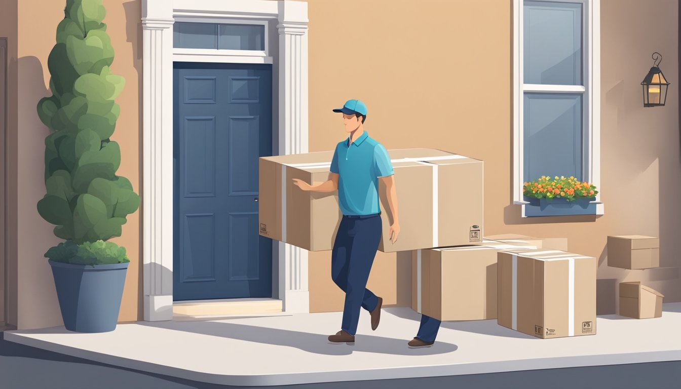 A mattress in a box is being delivered to a doorstep, with a happy customer receiving it. The compact packaging and easy delivery are highlighted