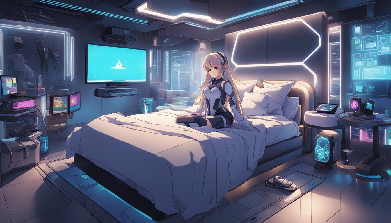 A futuristic bedroom with a sleek, modern sex doll on a bed, surrounded by advanced technological gadgets and devices