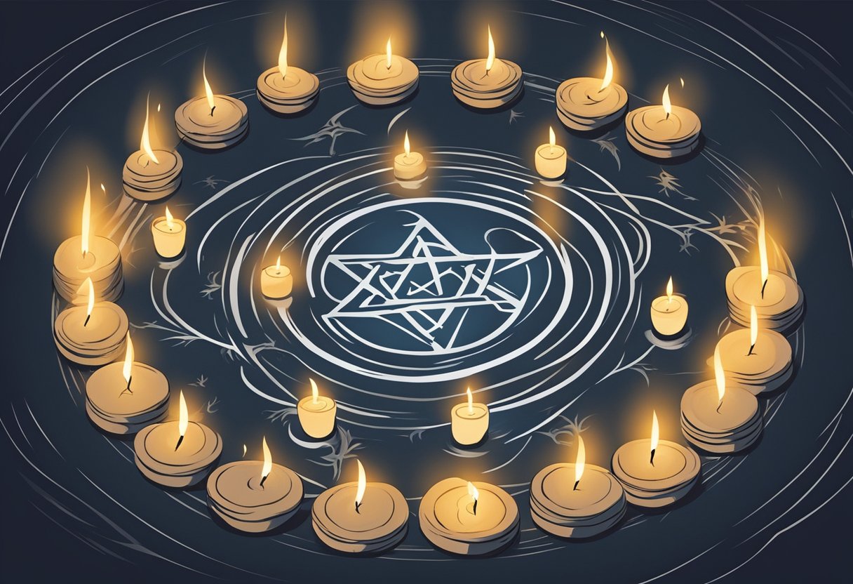 A circle of candles surrounds a pentagram on the floor. Dark figures chant and gesture, surrounded by swirling energy