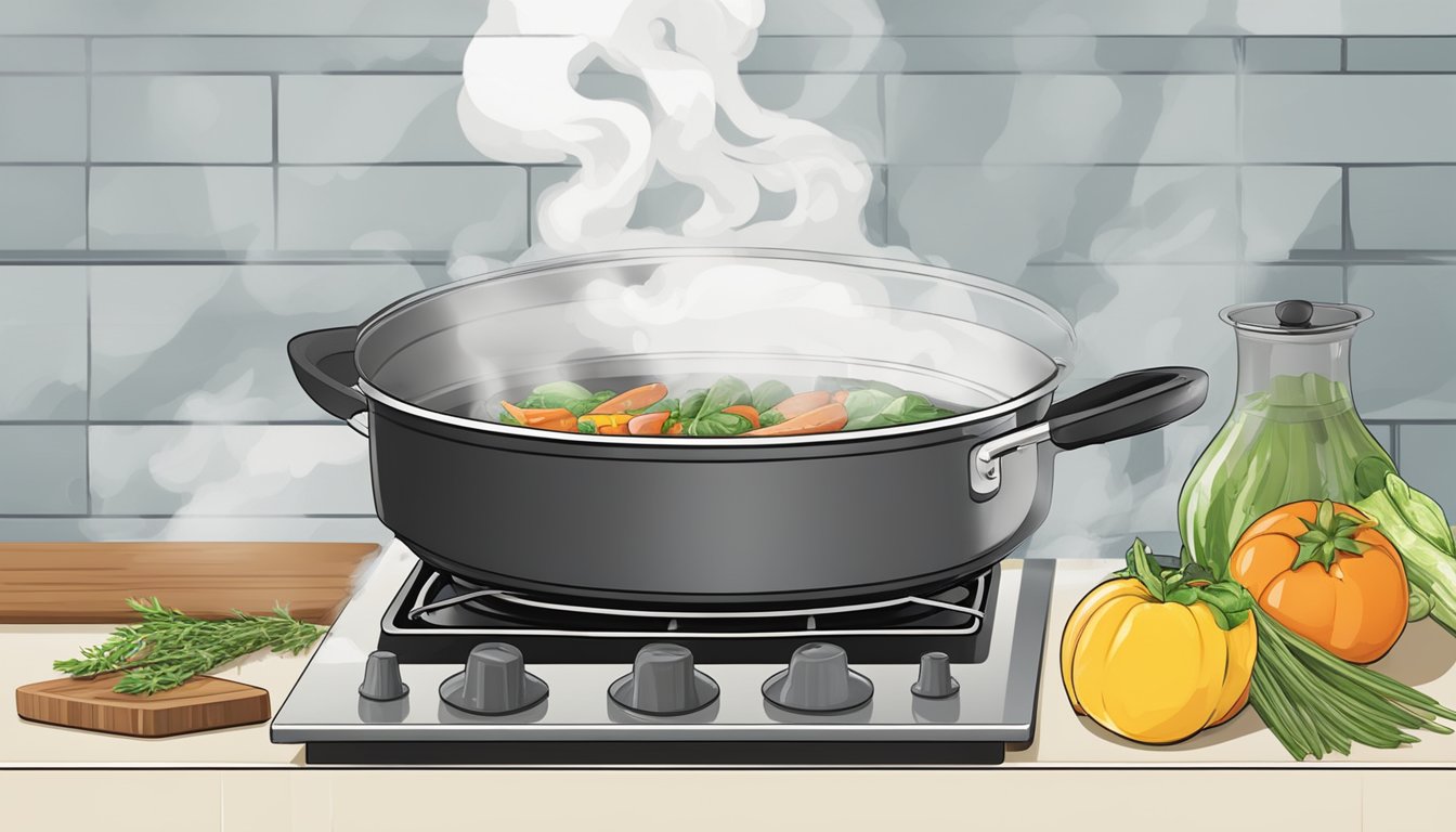 A sizzling ceramic pan on a stove, emitting steam. A variety of fresh ingredients nearby, ready to be cooked