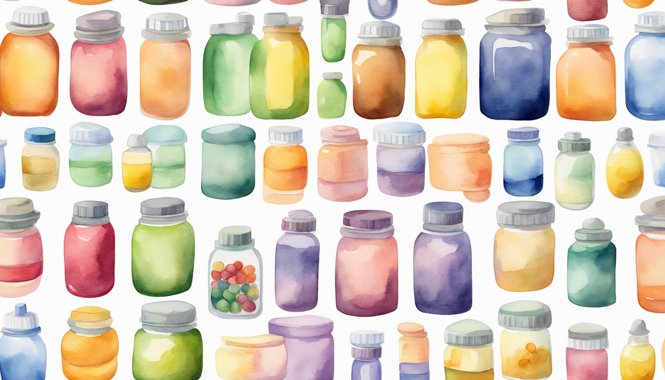 A variety of colorful, high-quality prenatal vitamin bottles displayed on a clean, white background