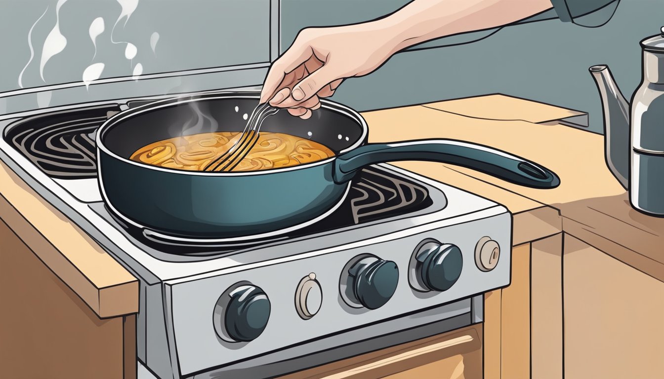 A hand reaches for a ceramic pan on a stove. The pan sits on a heat-resistant mat, with a gentle steam rising from it