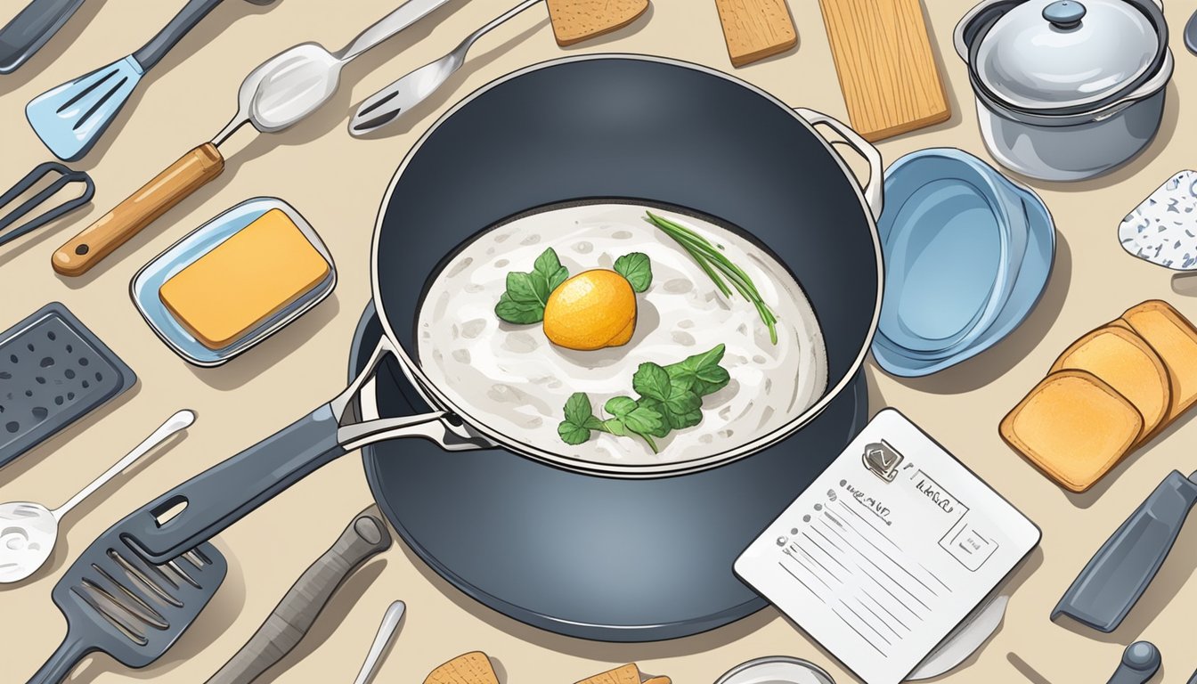 A ceramic pan surrounded by various kitchen utensils, with a stack of FAQ cards next to it