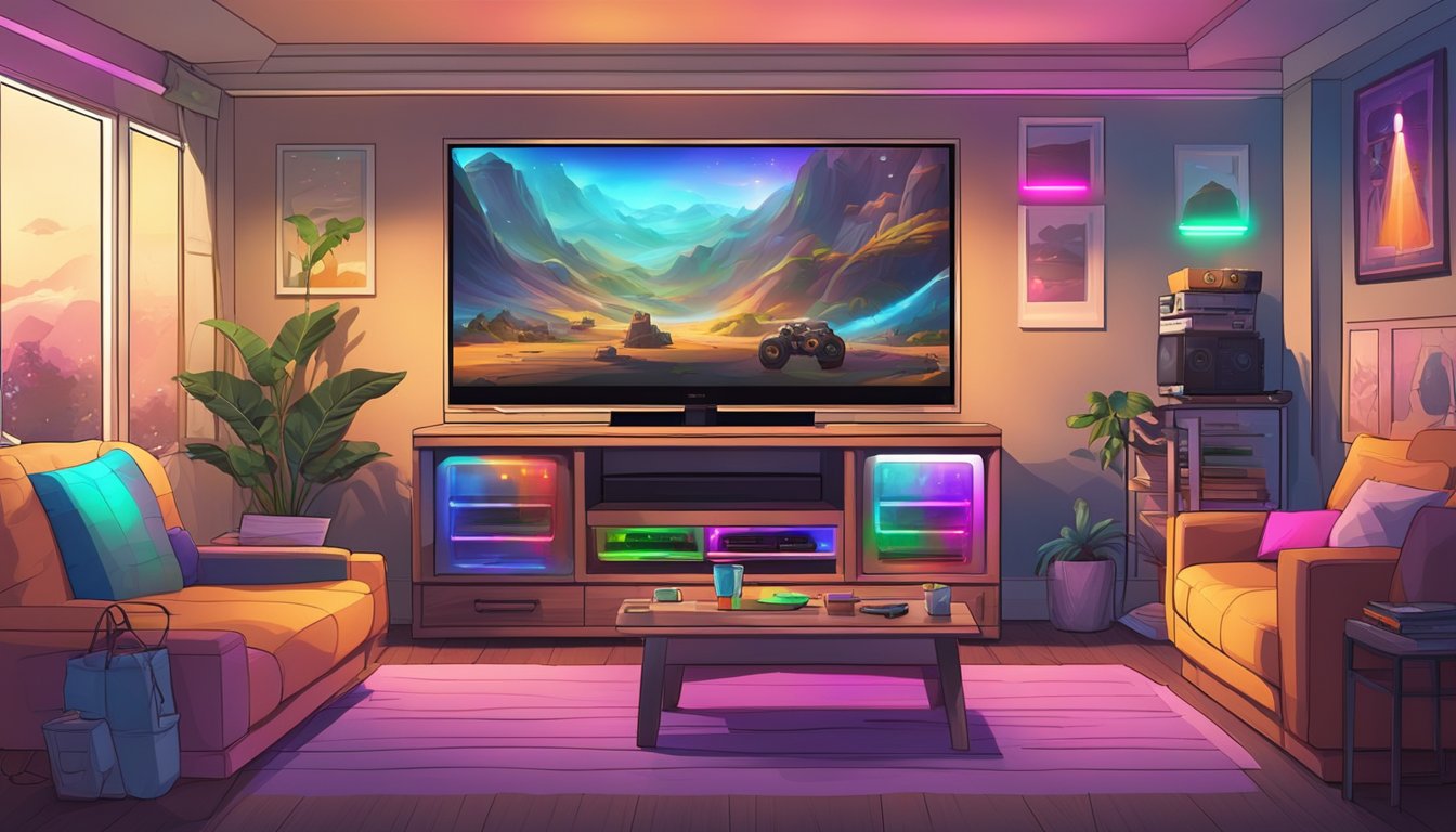 A console game room with a large TV, comfortable seating, gaming console, controllers, and colorful LED lights