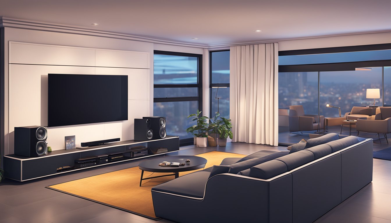 A sleek, modern gaming room with wall-mounted TVs, comfortable seating, and ambient lighting. Surround sound speakers and a central gaming console complete the setup