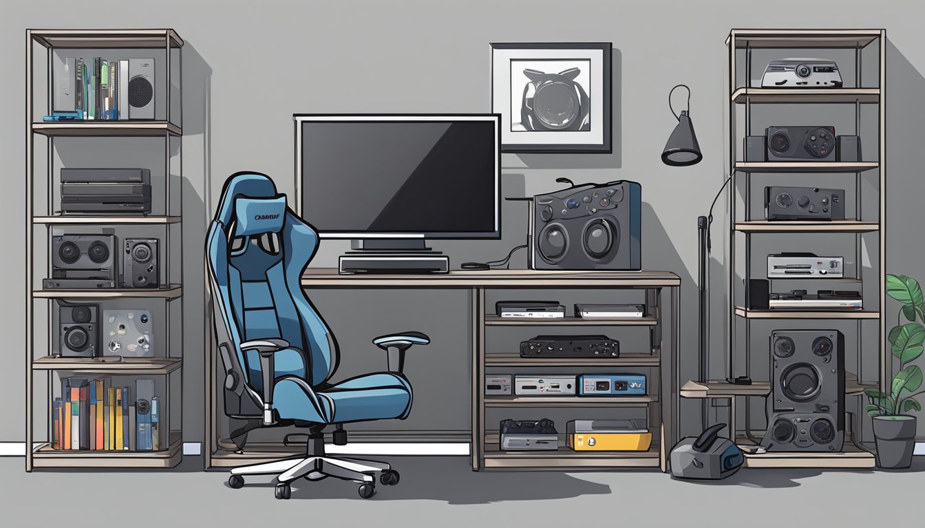 A gaming tech arsenal: console, large TV, gaming chair, headset, controller, and shelves with games and accessories