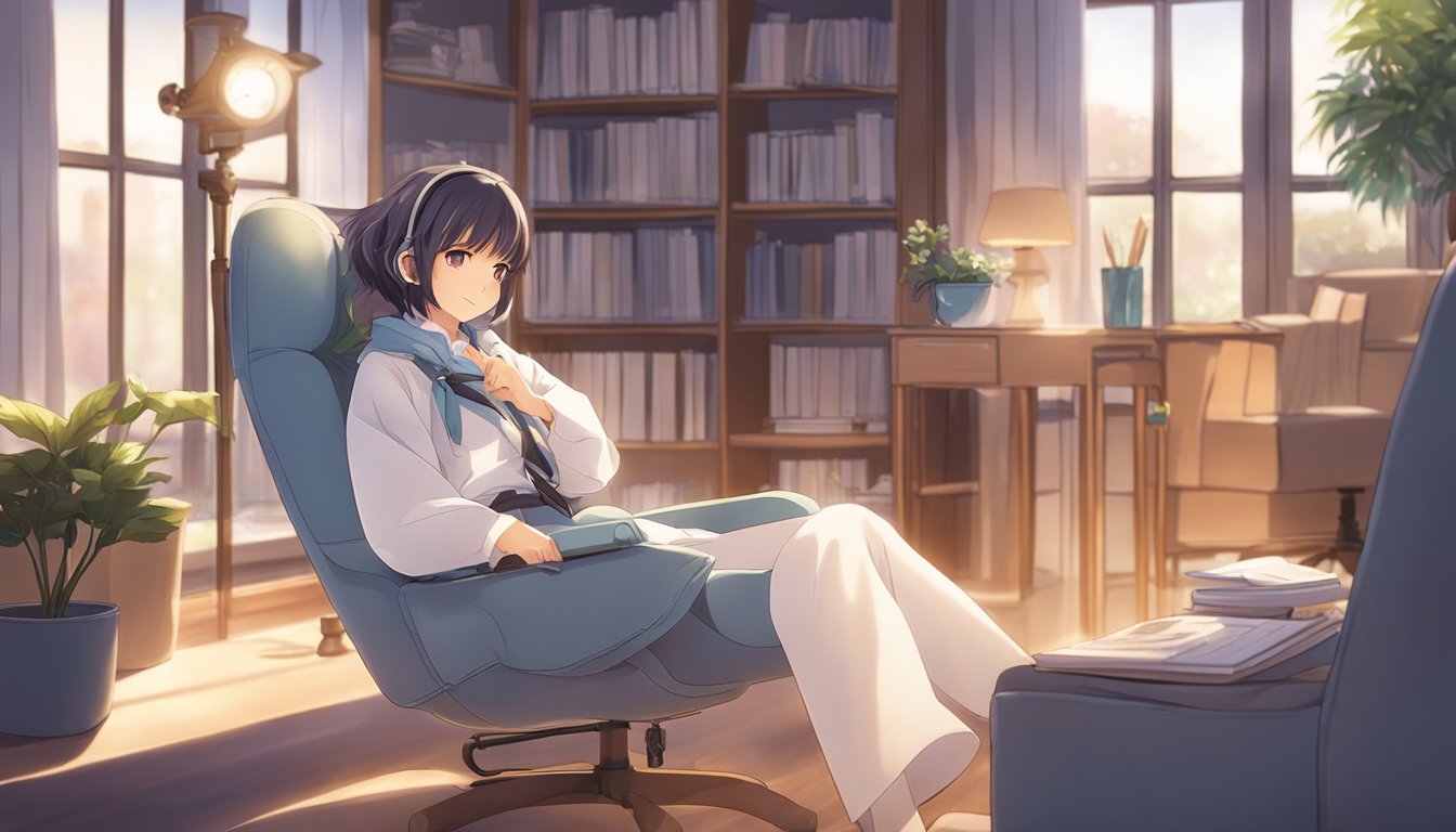 A therapist sits in a cozy office, a sex doll placed on a comfortable chair. Soft lighting and soothing music create a calming atmosphere for the therapeutic session