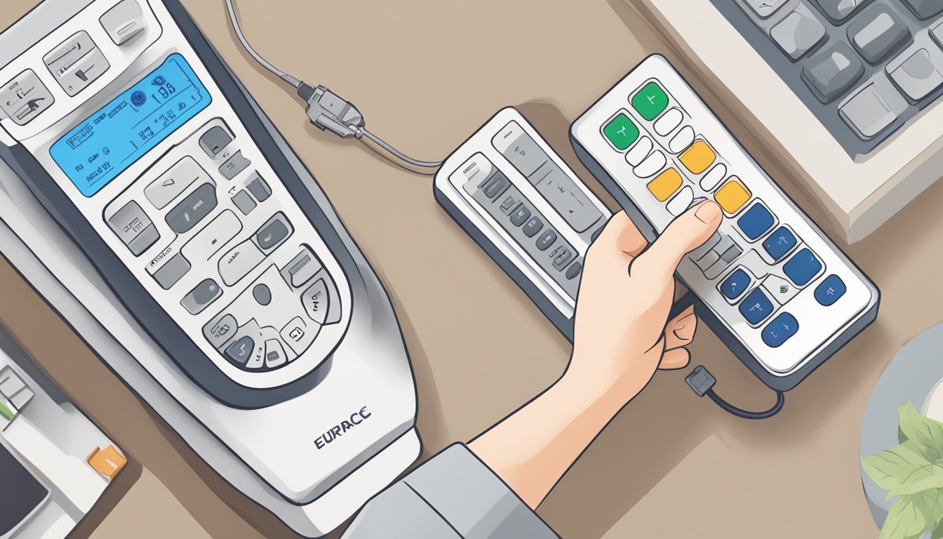 A hand reaches for the Europace aircon remote control, surrounded by a list of frequently asked questions