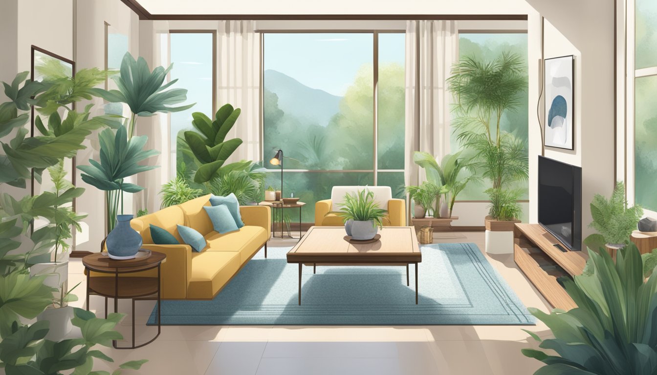 A well-lit living room with balanced furniture arrangement and natural elements, like plants and water features, following feng shui principles