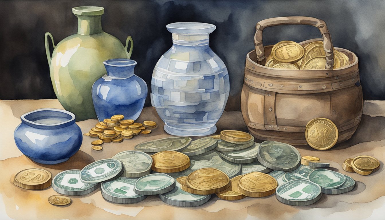 A table with ancient trade items evolves into coins and paper money, symbolizing the development of modern currency