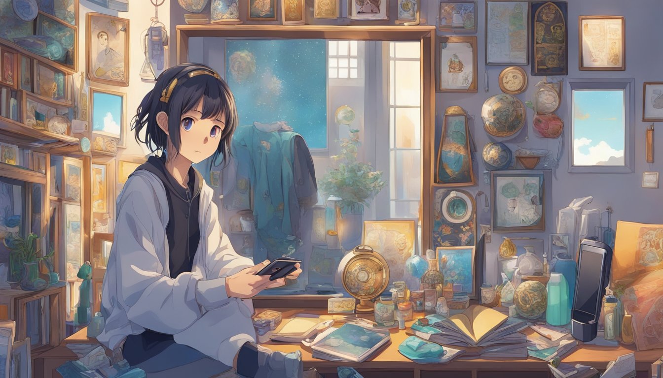 A person's reflection in a mirror, surrounded by various cultural symbols and societal objects, such as a smartphone, a book, and a piece of art, all reflecting different aspects of identity and self-perception