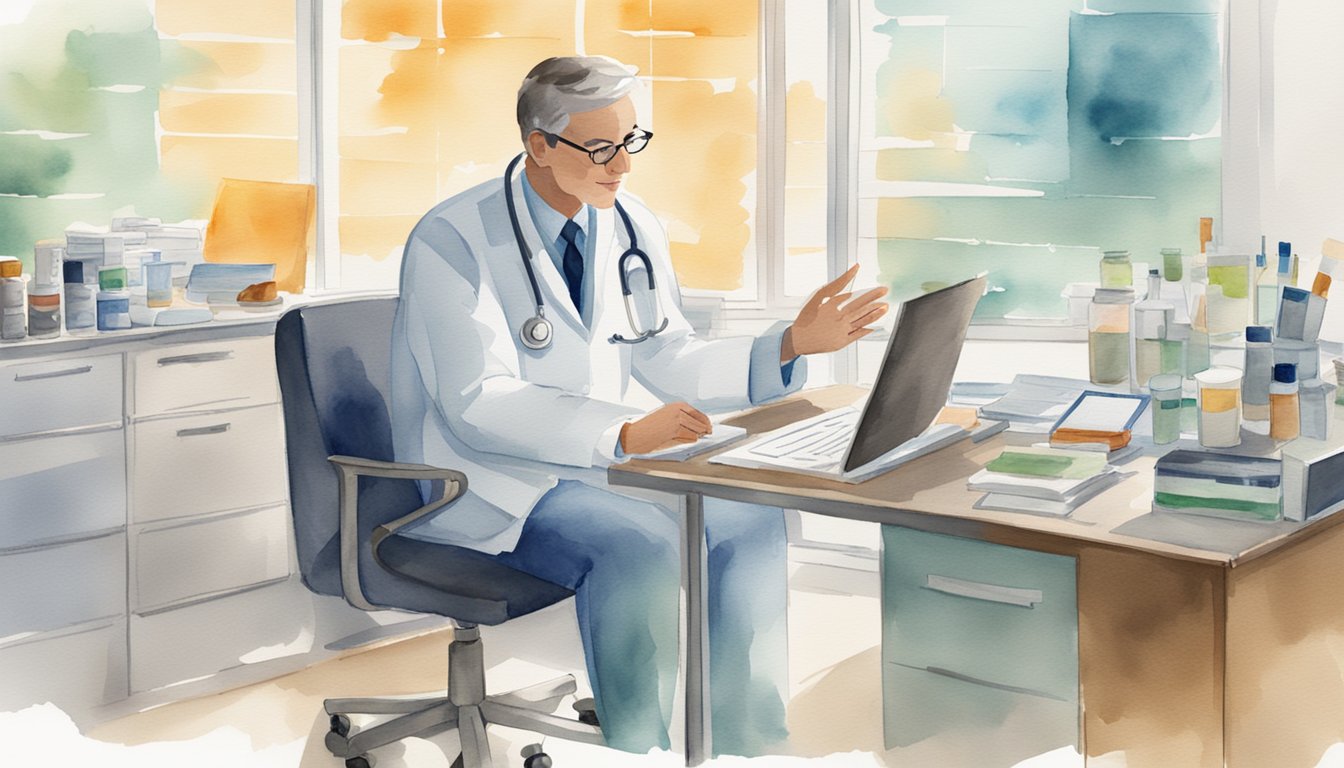 A doctor discusses new MS drugs with a patient.</p><p>Research papers and drug samples are spread out on the desk.</p><p>A computer screen displays clinical data