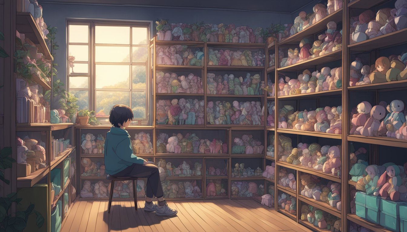 A person sitting alone in a dimly lit room, surrounded by shelves of sex dolls. The owner gazes at the dolls with a mixture of longing and detachment, reflecting on the impact of their ownership on their sense of self