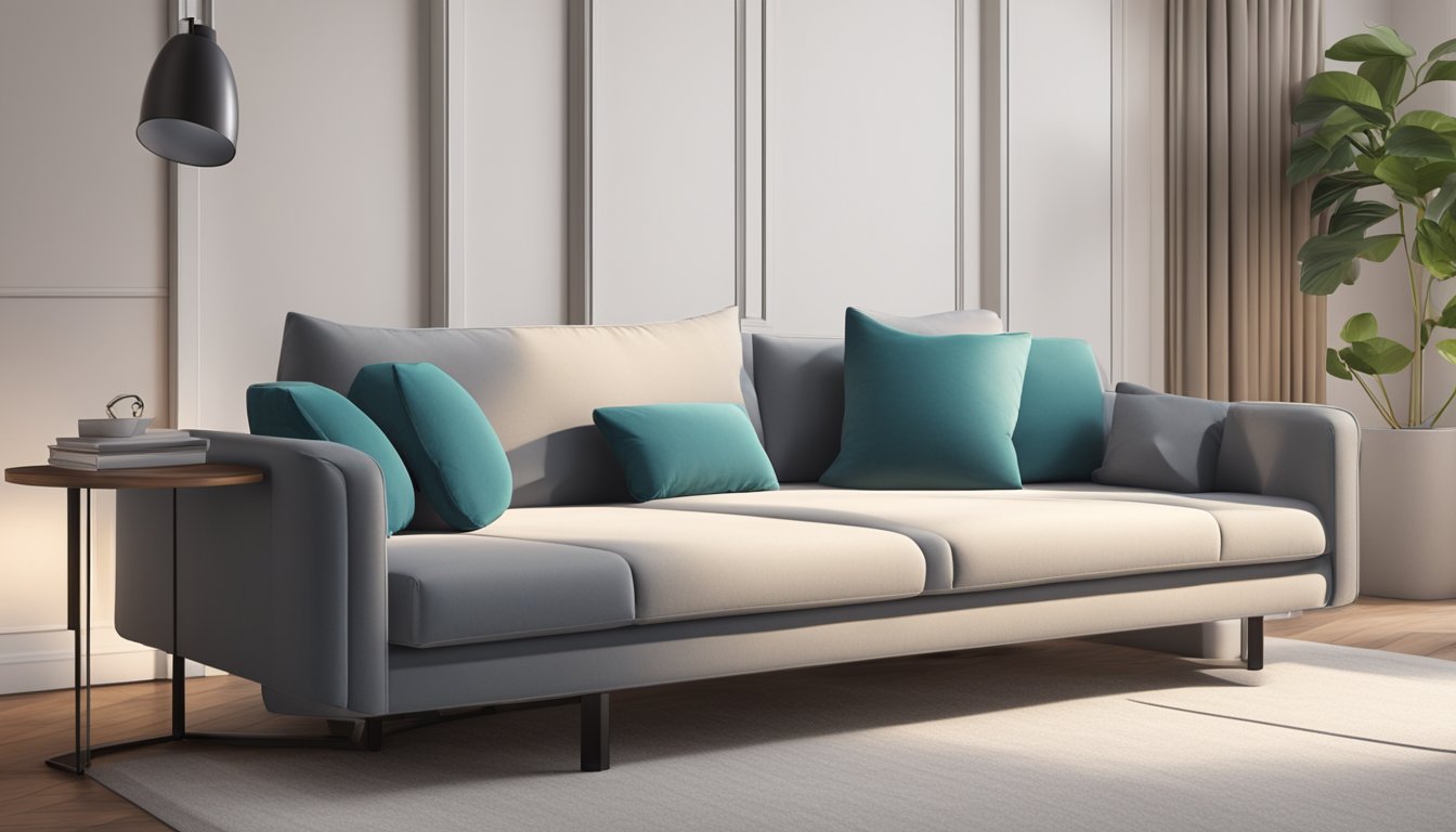 A cozy sofa bed unfolds in a modern living room, with soft pillows and a sleek design, creating a space-saving and comfortable solution for any home