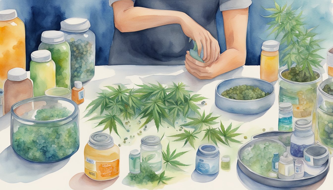 A person weighing themselves while surrounded by cannabis products and health-related items