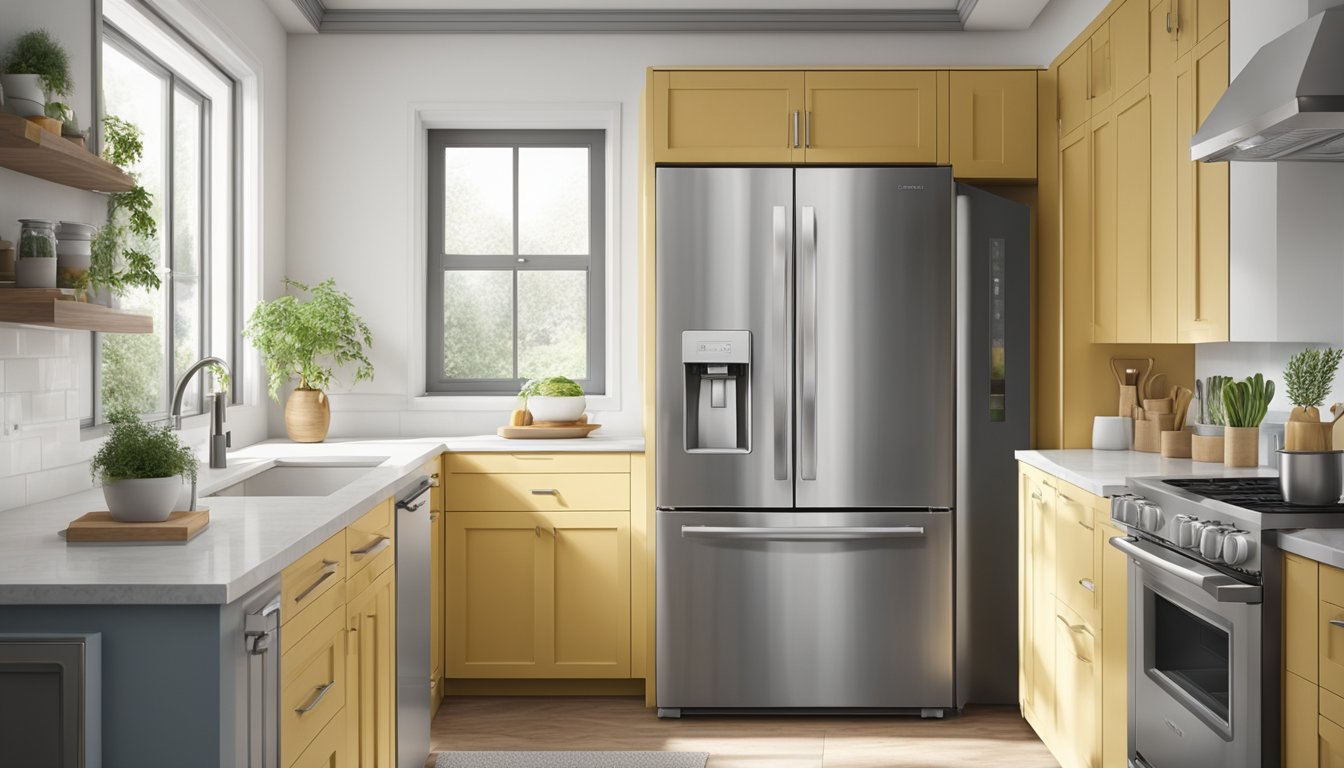 A standard single-door fridge, 70 inches tall, 36 inches wide, and 33 inches deep, stands against a white wall in a modern kitchen