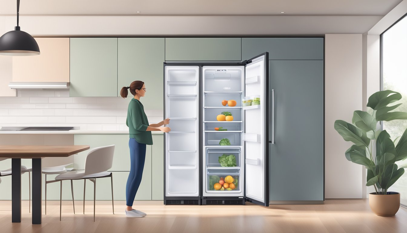 A person opens a single door fridge, measuring its dimensions. The fridge stands alone in a modern kitchen, with clean lines and sleek design