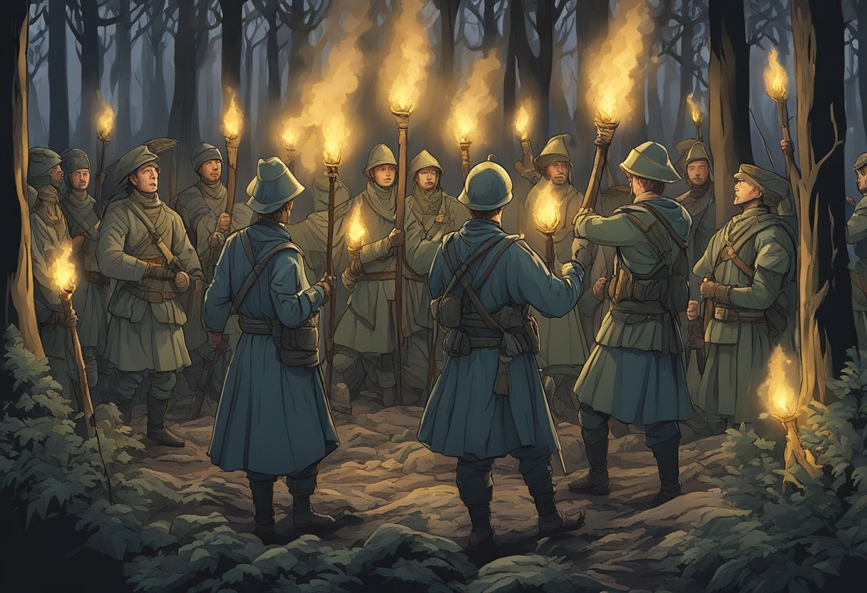 Soldiers chant battle prayers, holding torches high to expose hidden witches in the dark forest