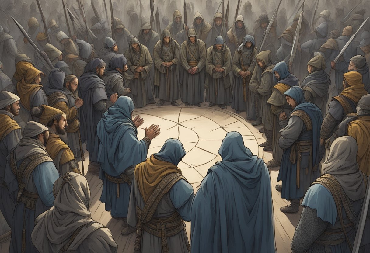 A group of warriors stand in a circle, heads bowed in prayer, as they prepare to expose hidden witches with their powerful battle prayers