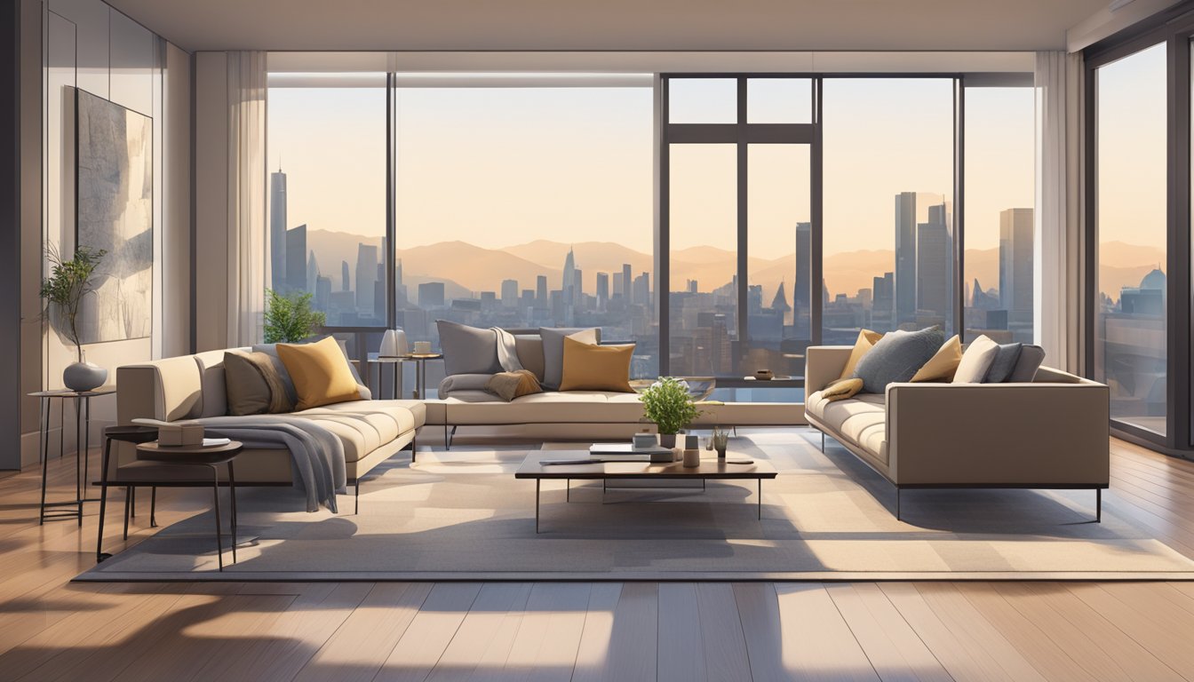 A modern living room with sleek furniture, neutral color palette, and large windows overlooking a city skyline