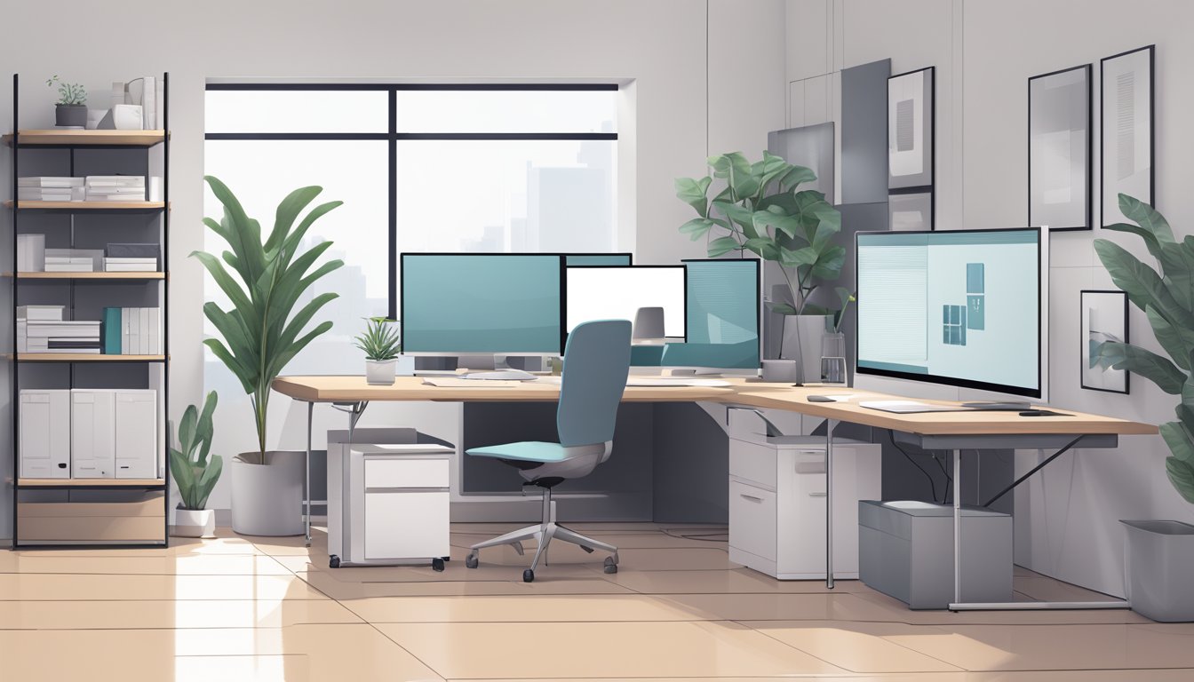A modern office with sleek furniture, a large desk, and a computer setup. Clean lines and a minimalist aesthetic
