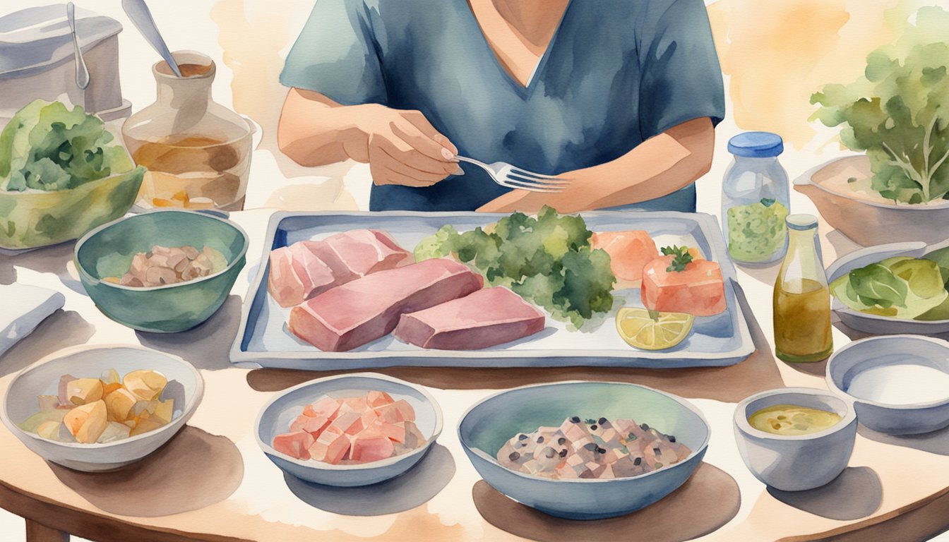 A table with various tuna dishes, a person holding a fork, a nutrition label, and a doctor's consultation