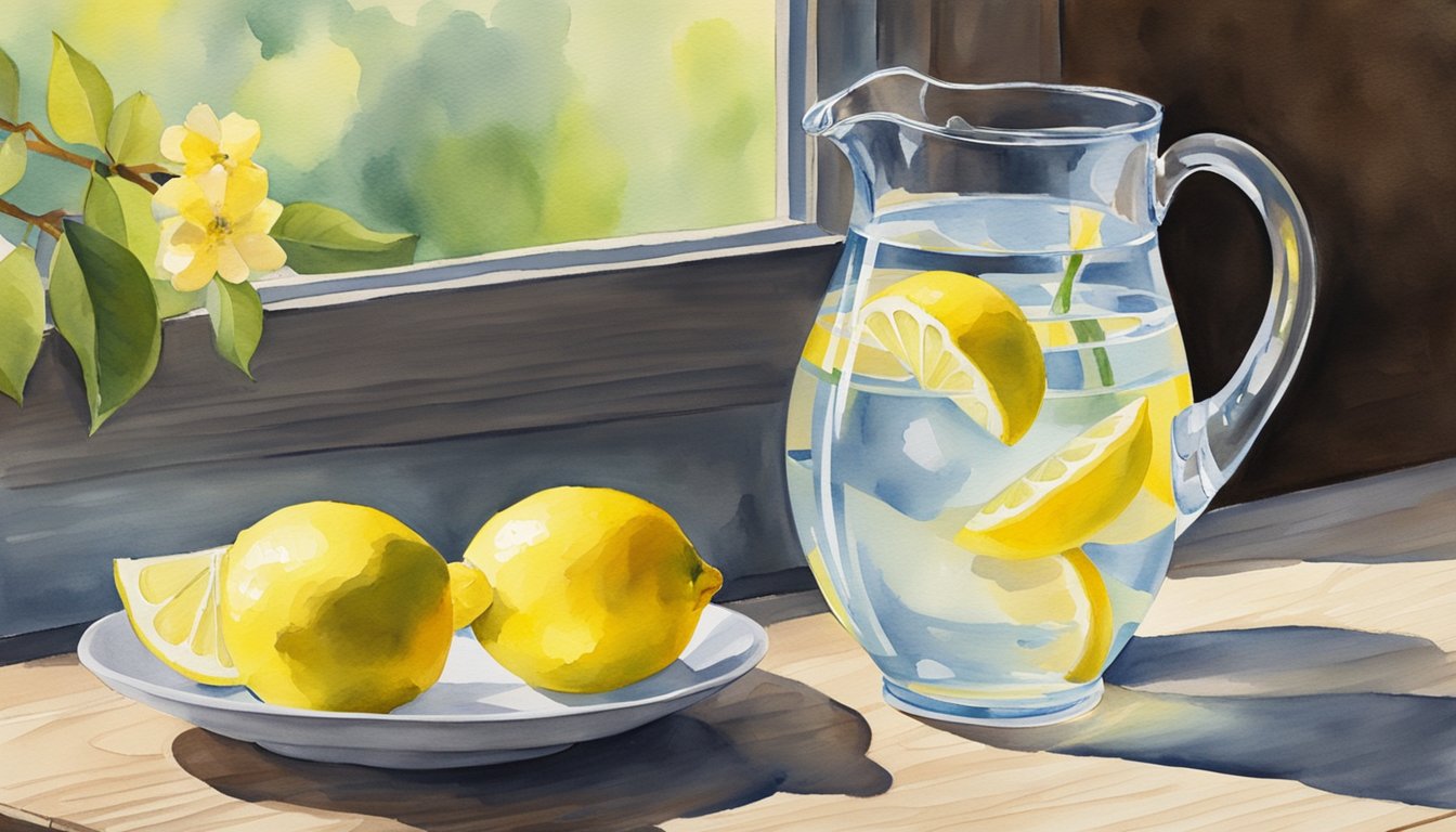 A glass pitcher of lemon water sits on a wooden table with fresh lemons nearby.</p><p>A small plate of lemon slices and a pitcher of water complete the scene