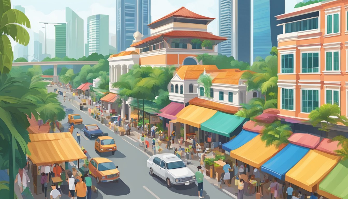 A bustling street in Singapore, with colorful buildings and bustling markets, surrounded by lush greenery and palm trees