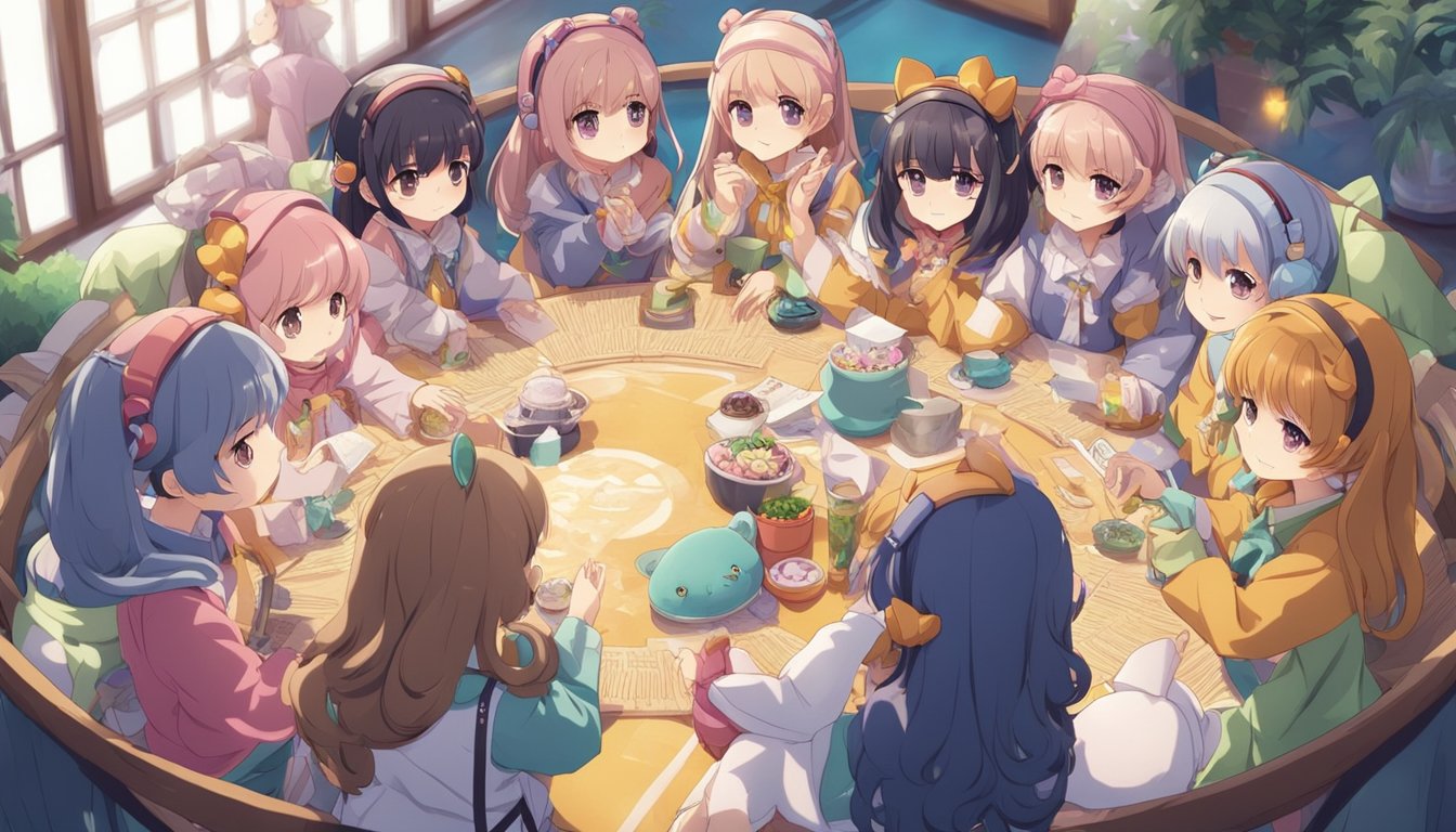 A group of dolls arranged in a circle, engaging in various social activities such as conversation, sharing, and cooperation