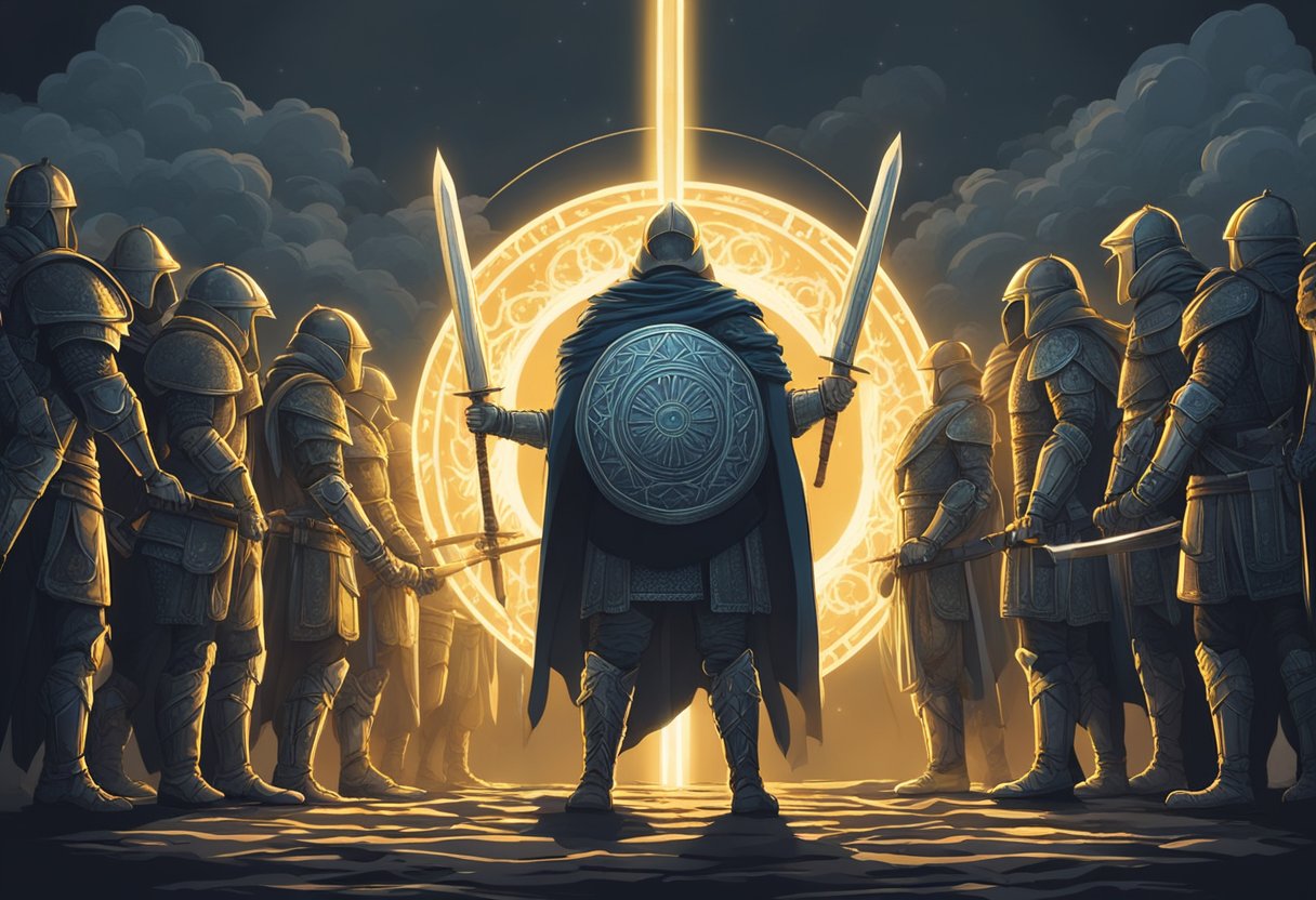A group of warriors stand in a circle, holding swords and shields, surrounded by a glowing barrier. They chant powerful prayers, casting out dark, occult forces