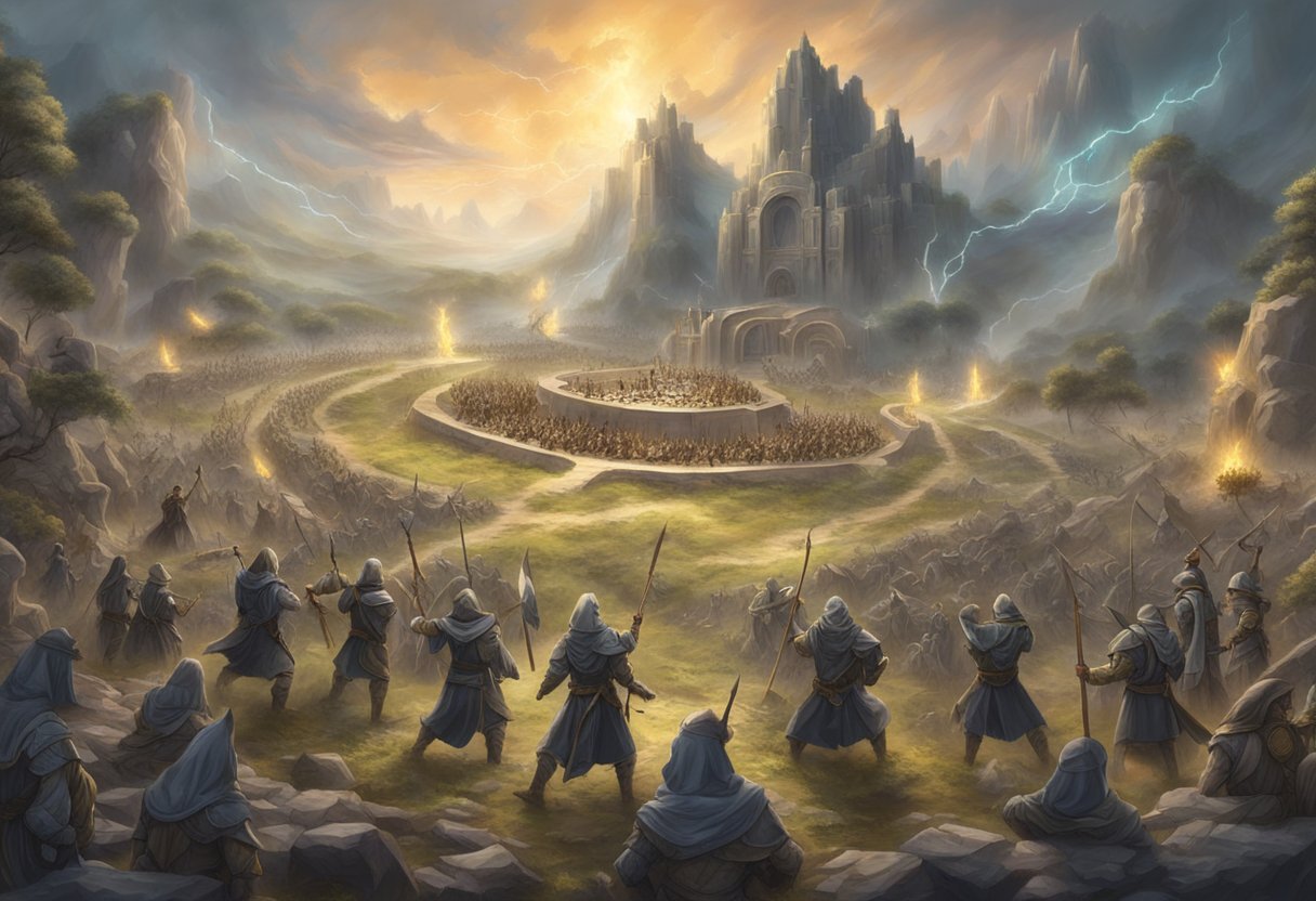 A mystical battlefield with opposing forces casting powerful spells and prayers to combat occult powers