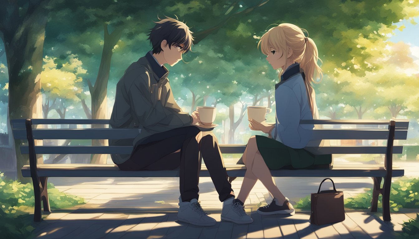 A couple's intertwined shadows on a park bench, with a shared book and a cup of coffee, symbolizing emotional bonds and intimacy