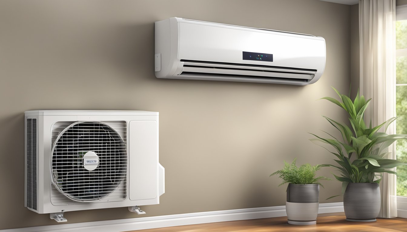 A single split unit air conditioner mounted on a wall, with cool air flowing out of the vents