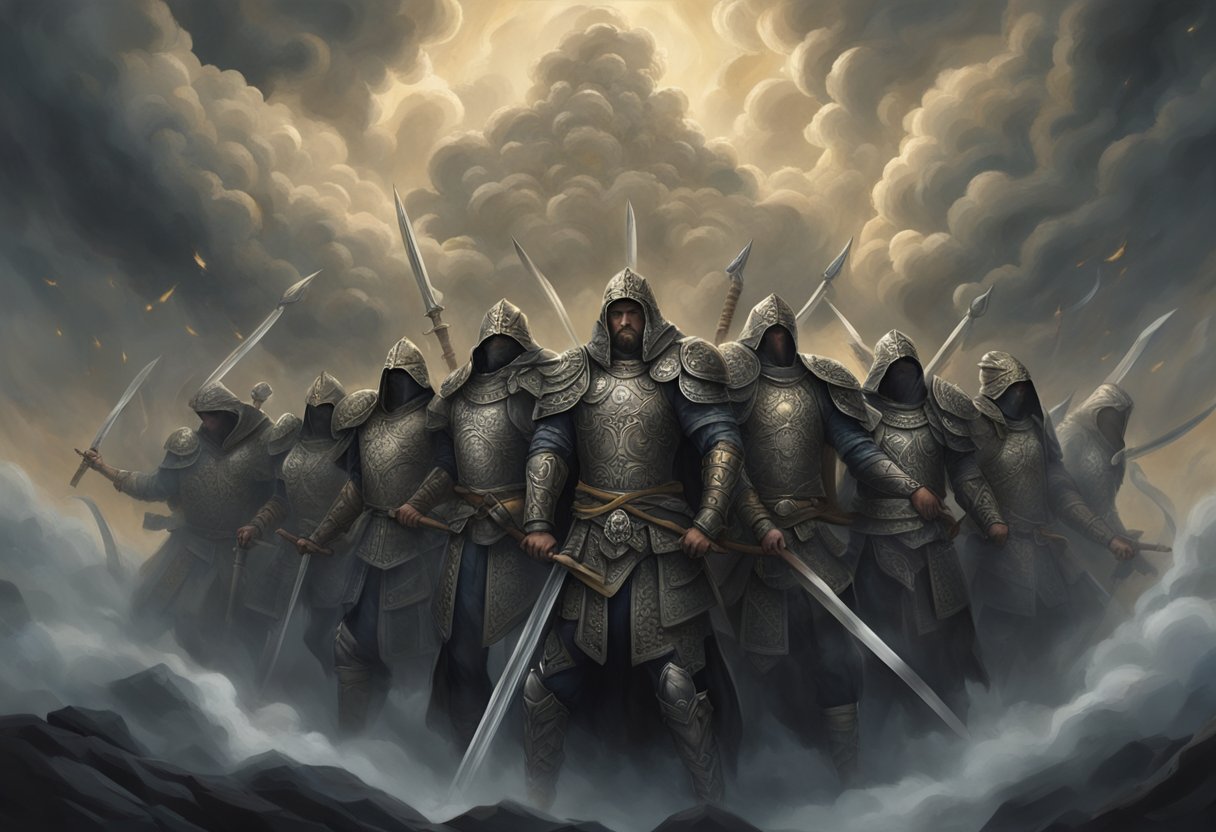 A group of warriors stand in a circle, wielding swords and shields, surrounded by swirling dark clouds. They are locked in intense prayer, their faces determined as they combat occult forces