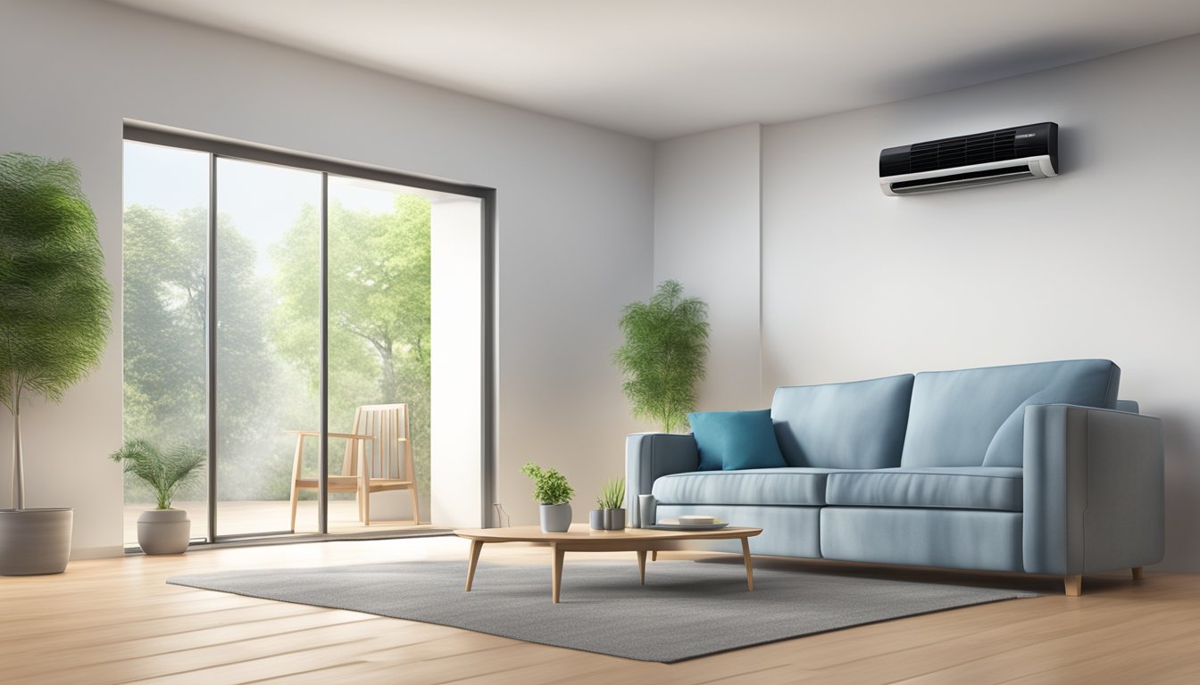 A single split unit air conditioner mounted on a wall with a remote control, emitting cool air into a well-lit room