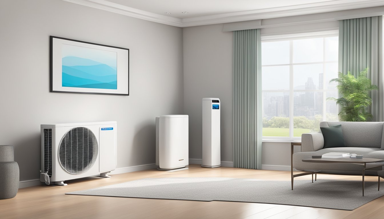 A single split air conditioning unit stands beside other systems. It is sleek, compact, and modern, with clean lines and a digital display