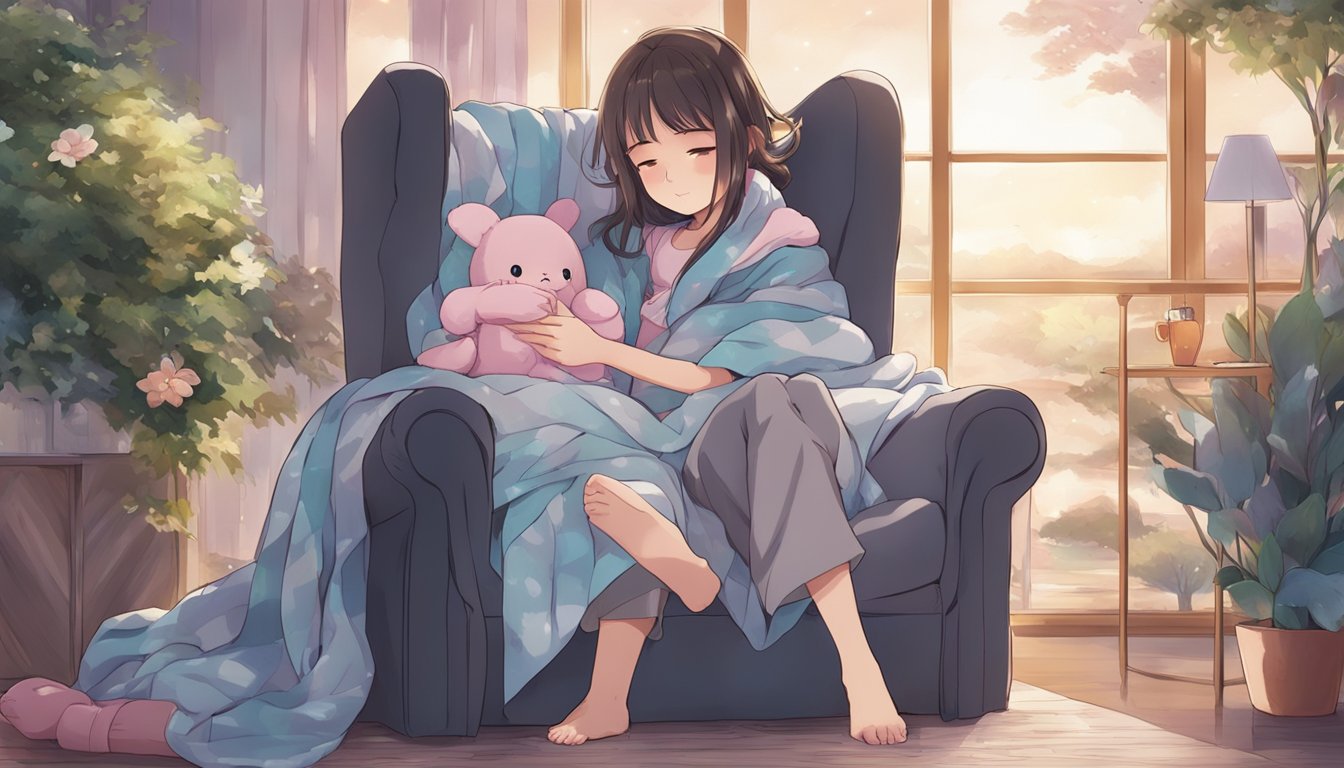 A person sitting in a cozy chair, surrounded by soft blankets and pillows, holding a sex doll tightly while tears stream down their face