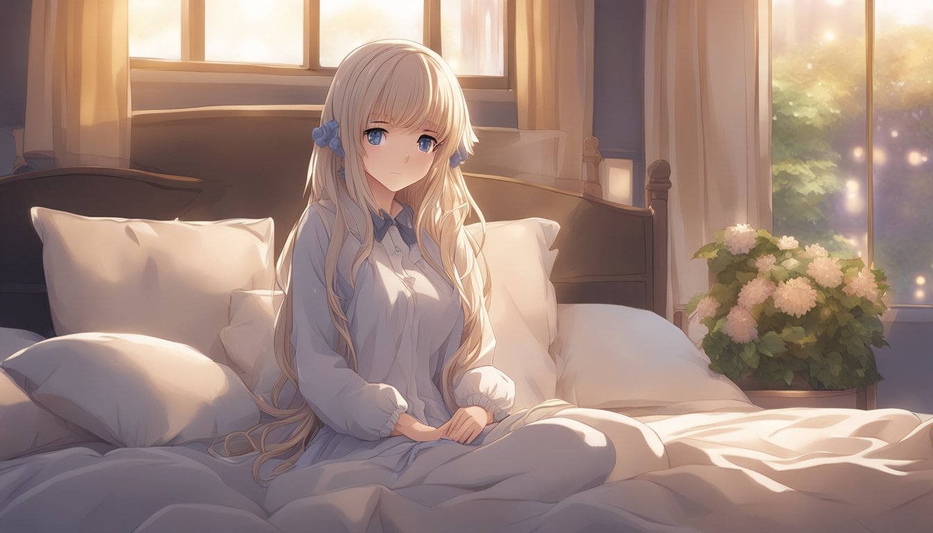 A sex doll sits on a bed, surrounded by soft lighting and plush pillows. Its serene expression and inviting posture suggest comfort and companionship