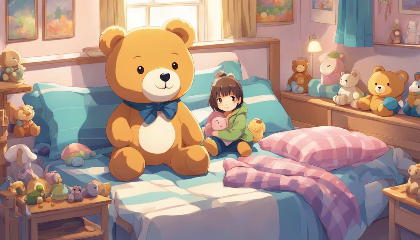 A teddy bear sits on a child's bed, surrounded by other stuffed animals. The bear's button eyes seem to convey a sense of warmth and comfort