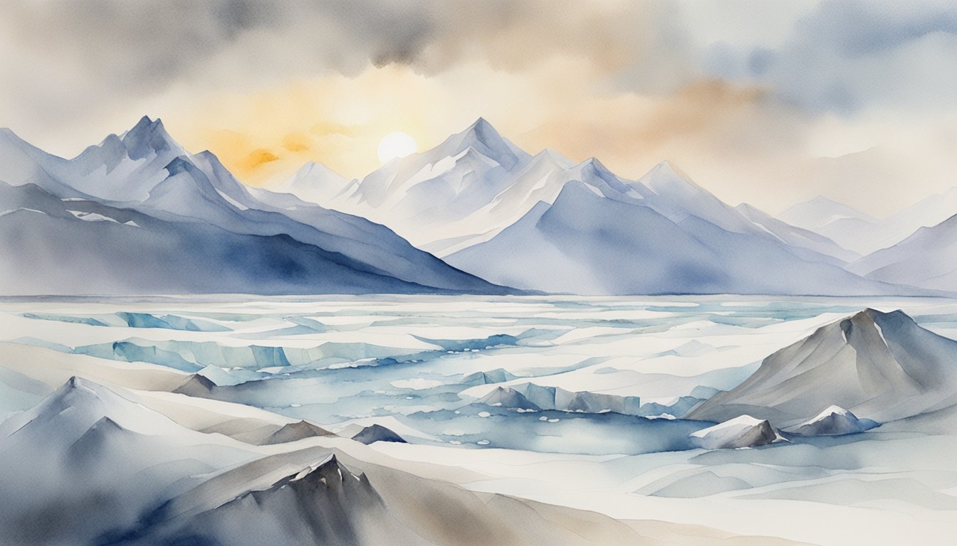 A barren, frozen landscape with glaciers, snow-covered mountains, and icy winds.</p><p>The sky is overcast, and the sun is barely visible through the thick layer of clouds