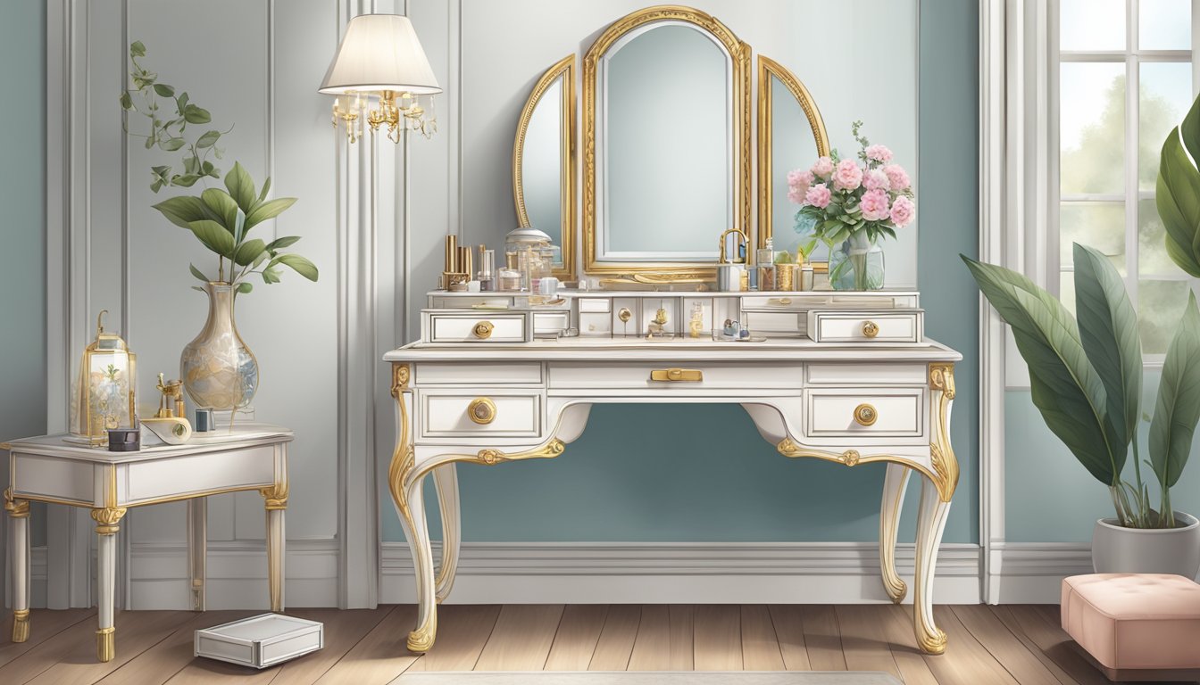 A dressing table adorned with delicate trinkets and a concealed mirror